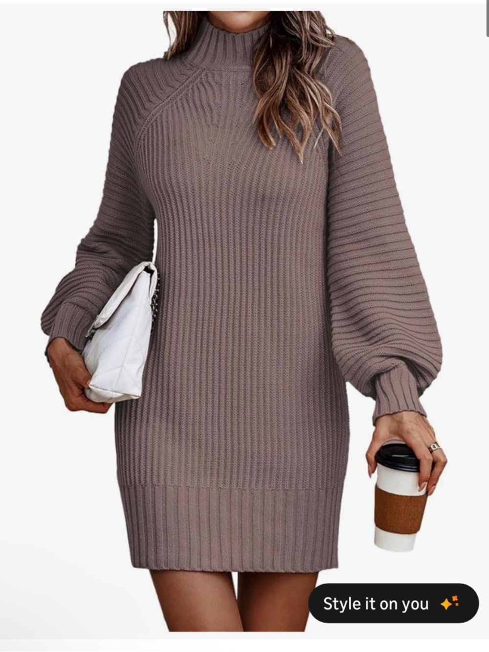 Ribbed Knit Balloon Sleeve Sweater Dress - Taupe
